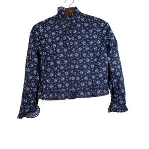 Gilber Gilmore Button Dow Ruffle Neck Shirt Floral Cotton Size S Preppy